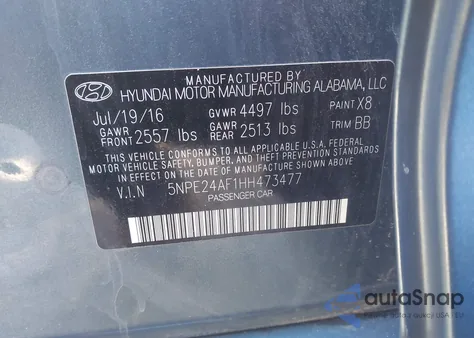 2017 Hyundai Sonata Se z USA, uszkodzony, nr VIN 5NPE24AF1HH473477